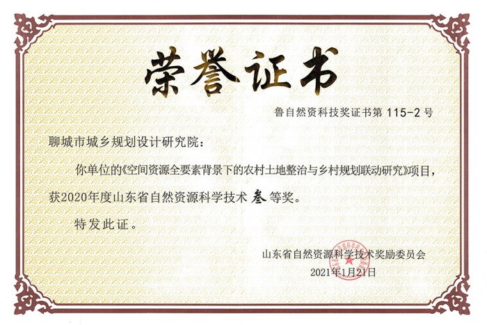 山東省自然資源科學技術三等獎