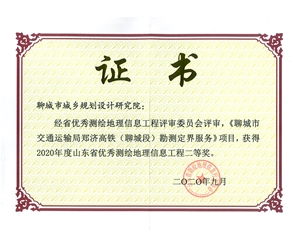 山東省優(yōu)秀測(cè)繪地理信息工程二等獎(jiǎng)